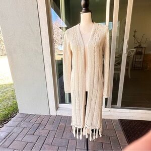 Chico's Cream Knit Duster Cardigan with Fringe